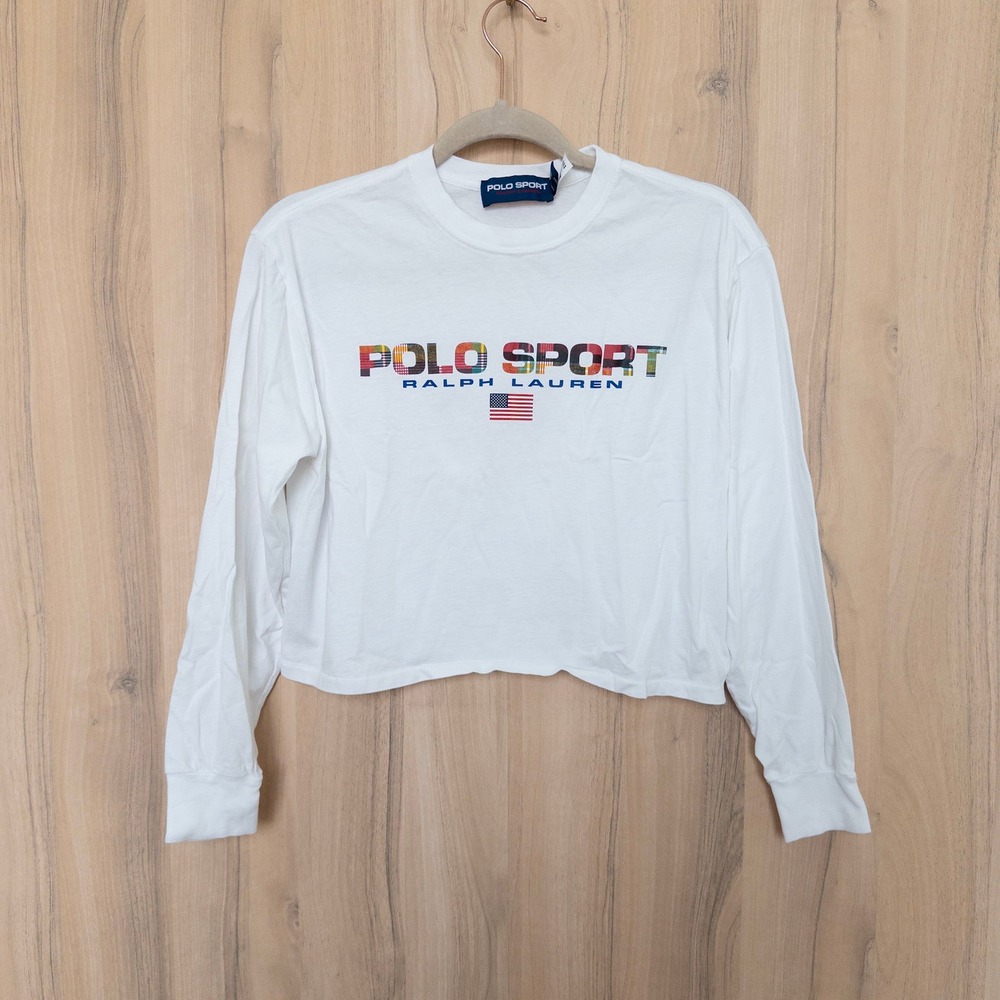Polo Sport Ralph Lauren Long Sleeve Cropped Shirt S White Logo Preppy Y2K Sporty